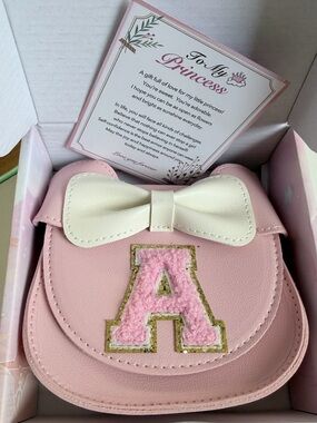 Kids Pink Letter 'A' Crossbody Purse with White Bow